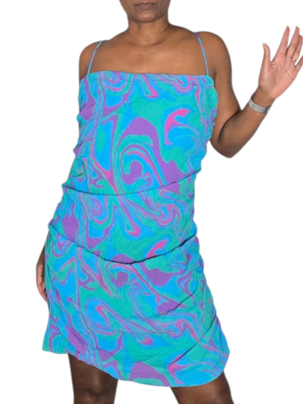 We Wore What Ronnie Dress Paradise Marble Ocean Blue Multi Ruched Swirl XL NWT